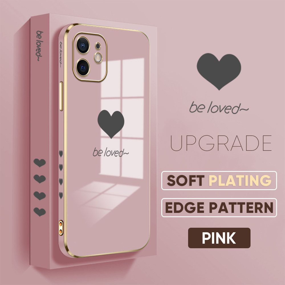 TA for iPhone 12 Back Cover + Free Lanyard Simple Love Luxury 6D Plating Case Side Pattern Soft Silicone Square Phone Cases