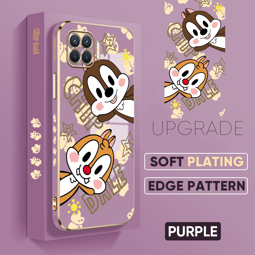 Jizetin (Free Lanyard) OPPO F17 Pro A93 2020 Reno4 F Back Cover Two Chipmunks Luxury 6D Plating Case Side Pattern Soft Silicone Square Mobile Phone Cases