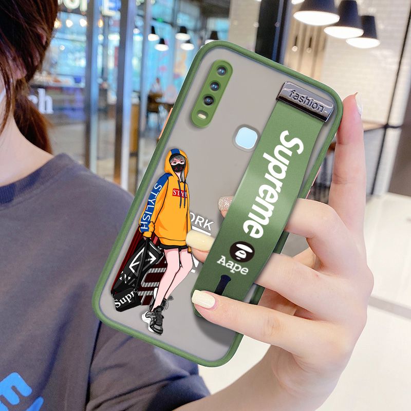UCUC for Vivo Y15 Wrist Strap Case Creative Cartoon Handsome Girl Wristband Printing Cover Shockproof Frosted Phone Case