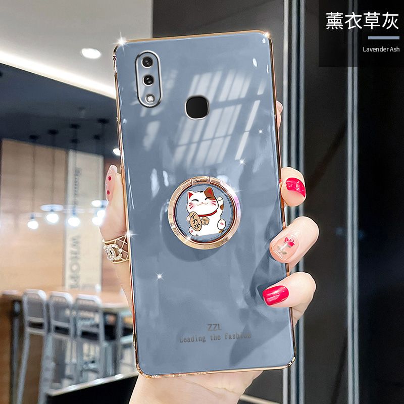 For Vivo Y95 Y93 Y91 Cover + Ring Holder Stand Shiny Plating Square Bumper Phone Case Lens Protection Soft Silicone Shockproof Protective Back Cover