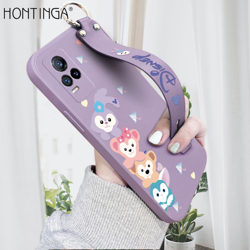 Hontinga for Vivo V21E Wrist Strap Case INS Cute Style Creative Cartoon Rabbit and Fox Cover Thin Square Edge Liquid Silicone Phone Case