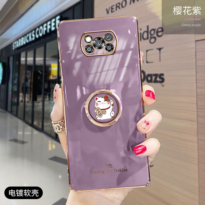 For Xiaomi POCO X3 Pro / POCO X3 NFC Cover + Ring Holder Stand Shiny Plating Square Bumper Phone Case Lens Protection Soft Silicone Shockproof Protective Back Cover
