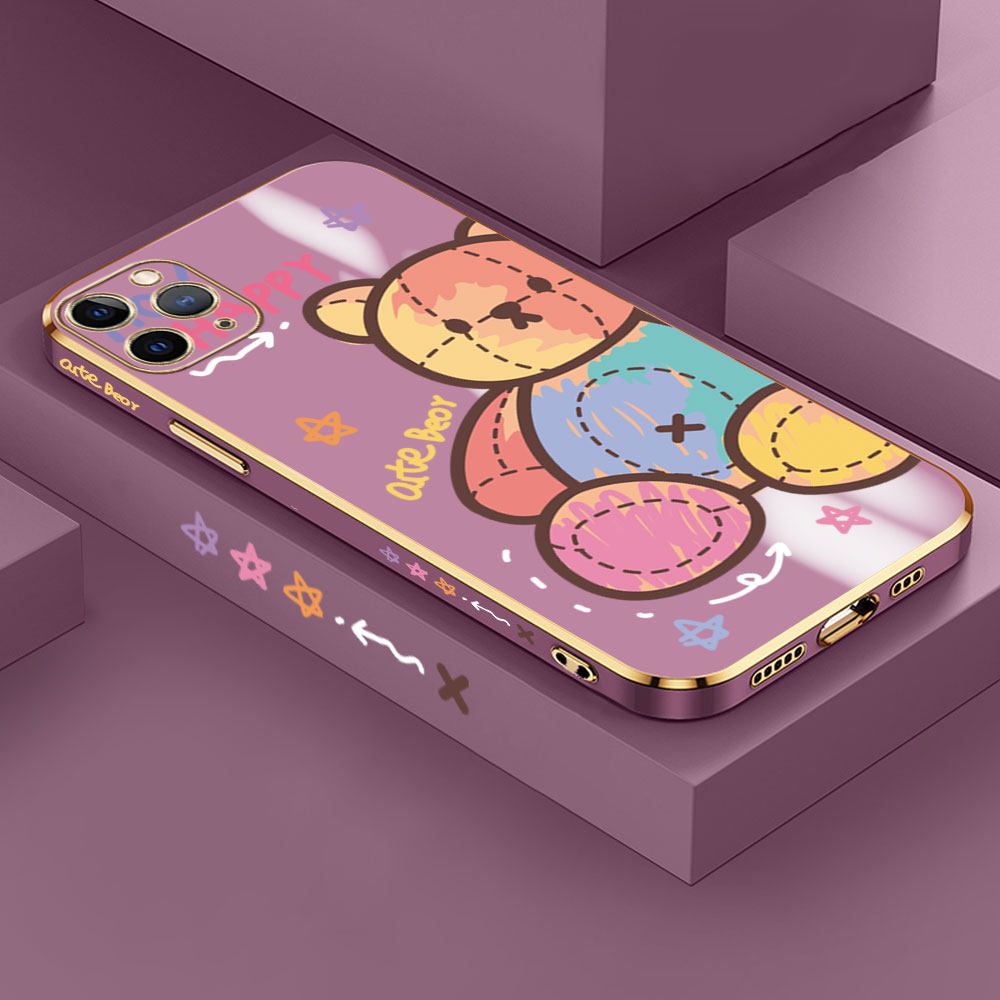 Jizetin (Free Lanyard) iPhone 11 Pro Max Case Color Doll Bear Luxury 6D Plating Soft Casing Silicone Ultra Thin Phone Cover