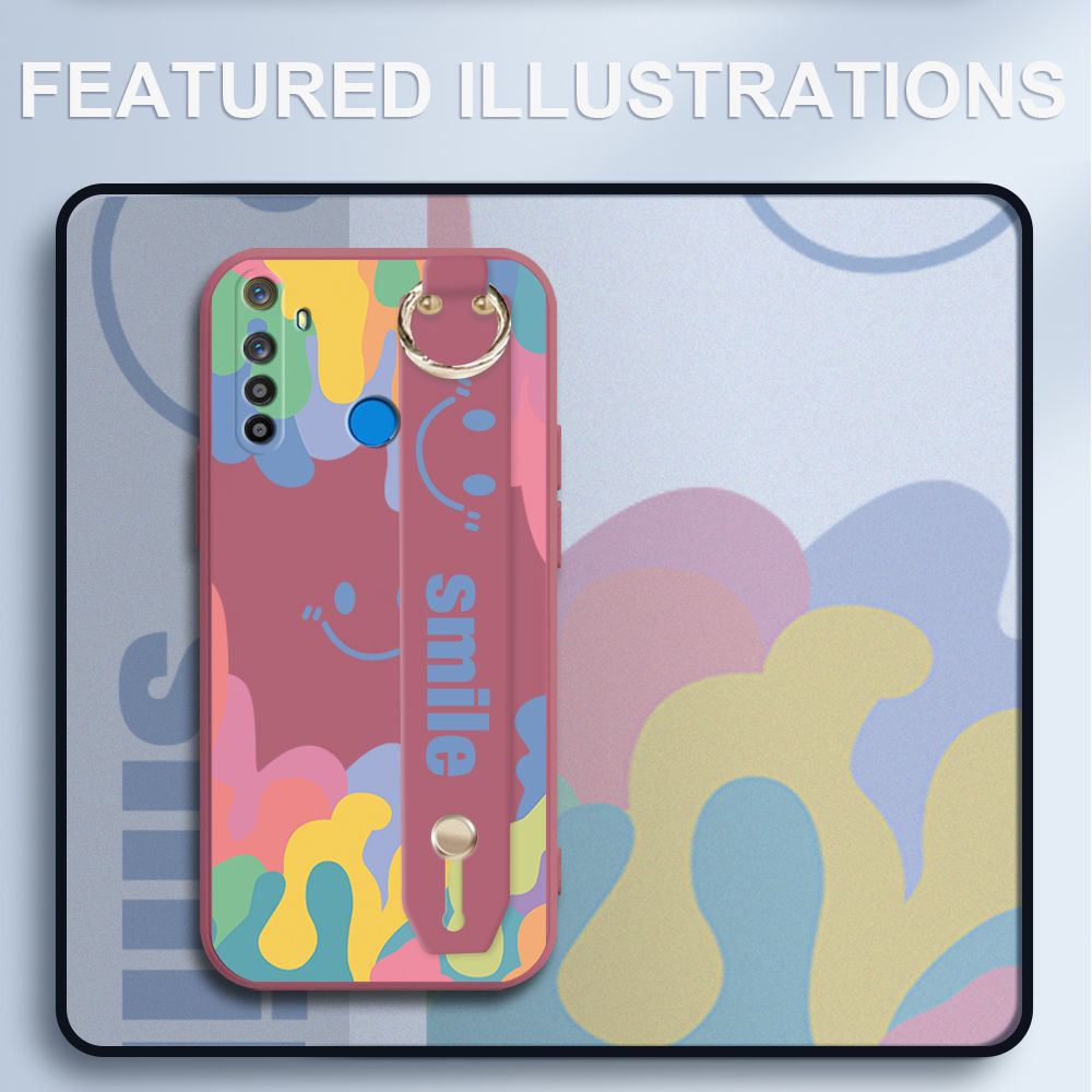 UCUC for Realme 5 Wrist Strap Case INS Style Soft Candy Color Splash Ink Cover Ultra Thin Anti Fall Liquid Silicone Phone Case