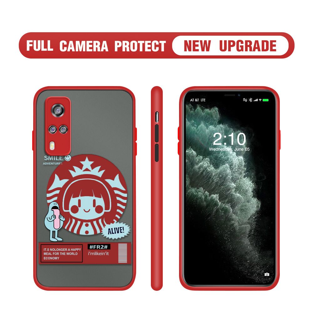 Hontinga for Vivo Y31 2021 / Y51A 2021 / Y53S 4G / Y51 2020 Case Cute Coffee Girl Camera Shockproof Protection Casing Edge Frosted Transparent Phone Cover