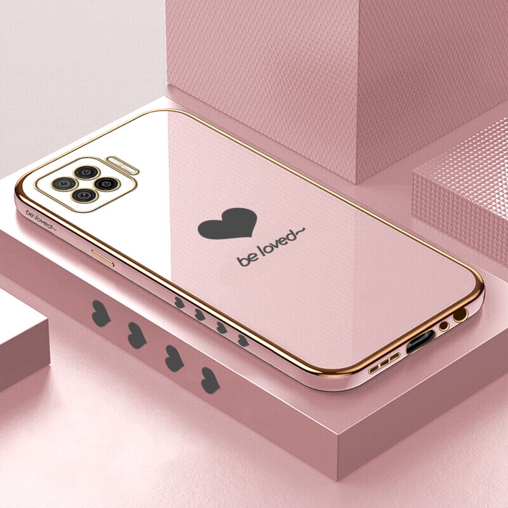 Luxury 6D Plating Case for OPPO F17 A73 2020 Lover Heart Side Pattern Back Cover Soft Silicone Square Phone Cases + Free Lanyard