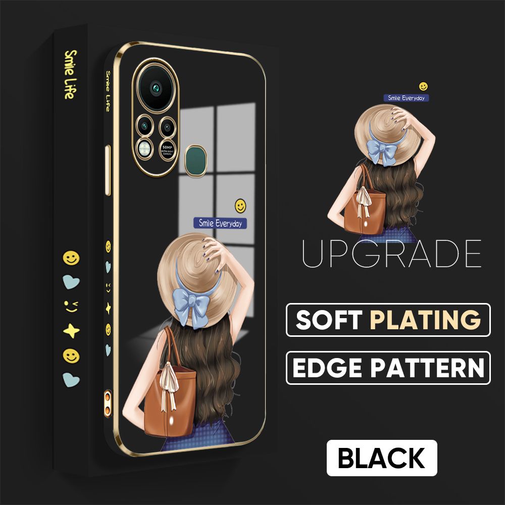 Jizetin (Free Lanyard) Infinix Hot 11S Back Cover Girl In Hat Luxury 6D Plating Case Side Pattern Soft Silicone Square Mobile Phone Cases