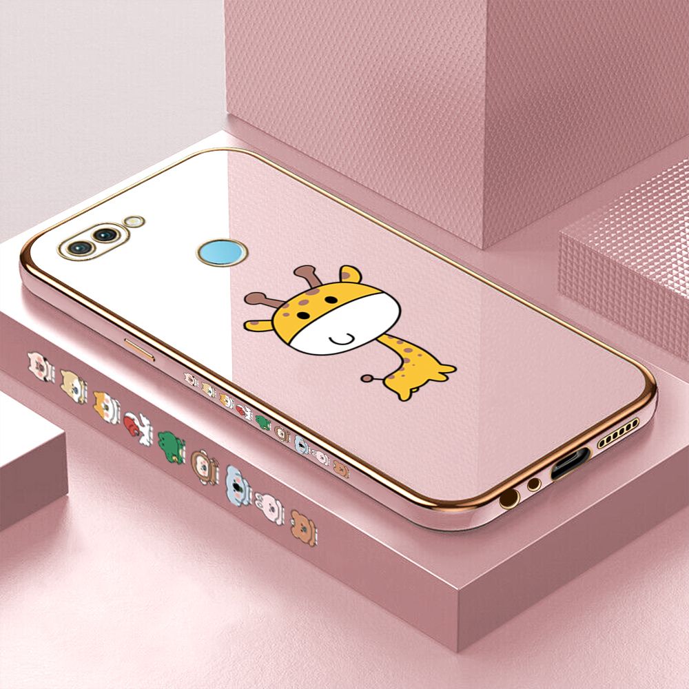 Luxury 6D Plating Case for Realme 2 Pro Color Cute Giraffe Side Pattern Back Cover Soft Silicone Square Frame Shiny Bling Phone Cases + Free Lanyard