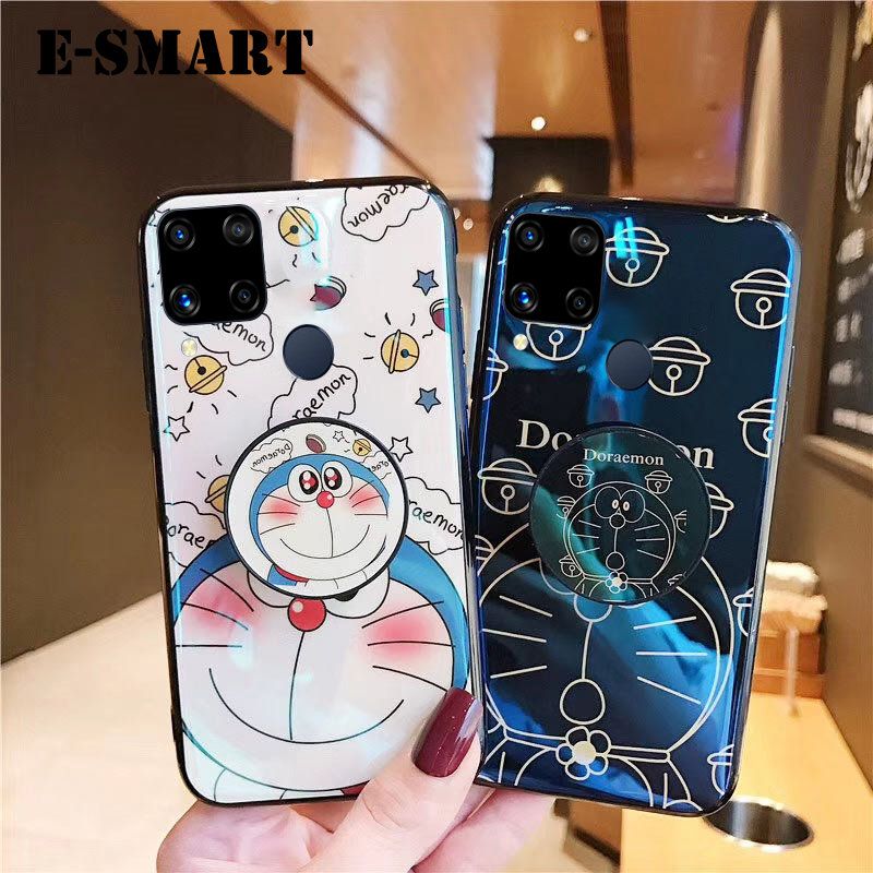 Phone Case Realme C15 Back Cover Cute 3D Cartoon Blue Light Happy Doraemon Soft Couple Cases Stand Holder for Realme C15 Case