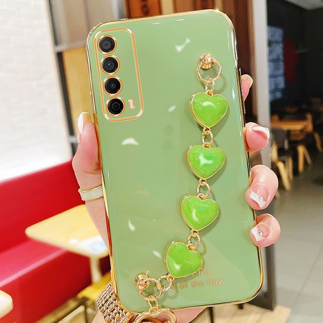 For Huawei Y7A Back Cover with Love Heart Chain Wrist Strap Fashion Bracelet Shiny Plating Bumper Protective Case Silicone Shockproof Mobile Phone Cases