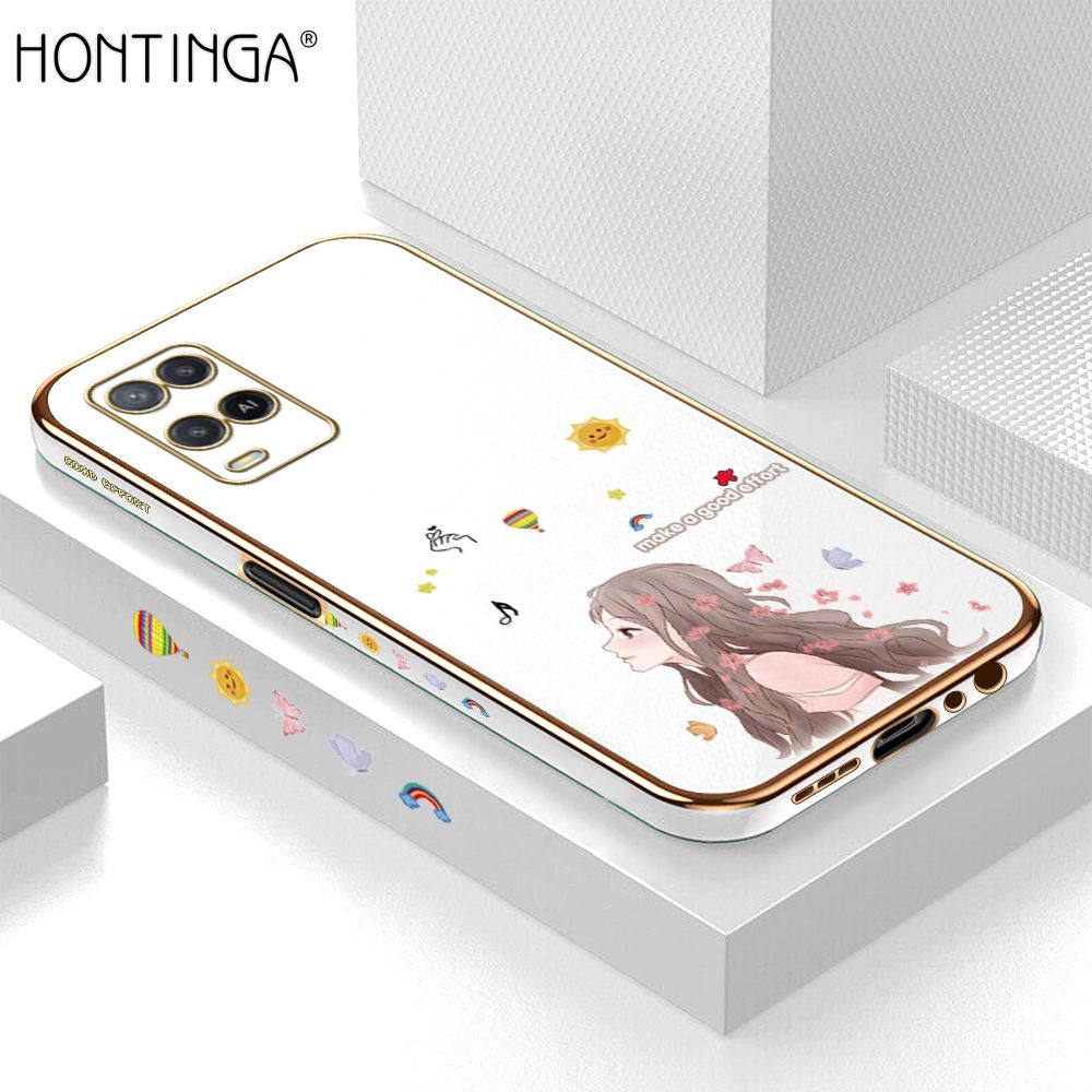 Hontinga for OPPO A54 / A54 2021 Back Cover Luxury 6D Plating Sunshine Girl Side Pattern Case Soft Silicone Square Phone Cases