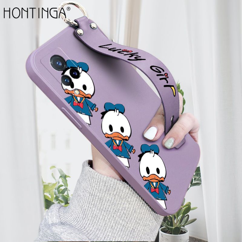 Hontinga for Vivo V21 Wrist Strap Case Cute Cartoon Little Duck Phone Case Square Edge Liquid Silicone Case Full Cover Camera Shockproof Protective Cases