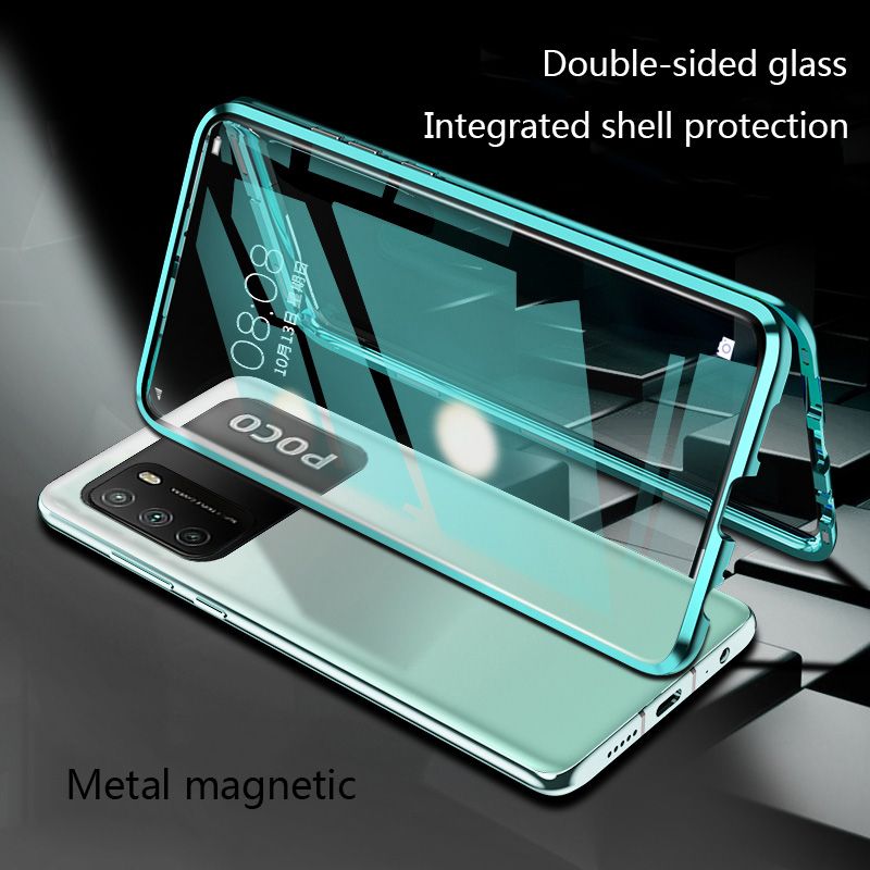 Biruiqu For Xiaomi Pocophone M3 Poco M3 Magnetic Absorption Case Metal Frame Shockproof Double Sided Tempered Glass Magnetic Case Cover