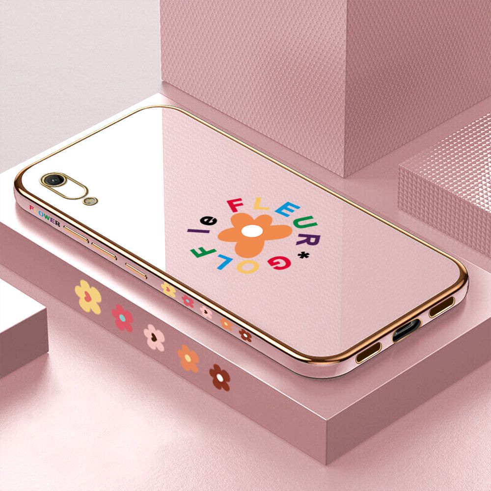 Luxury 6D Plating Case for Huawei Y6 Pro 2019 Cartoon Flower Side Pattern Back Cover Soft Silicone Square Frame Shiny Bling Phone Cases + Free Lanyard