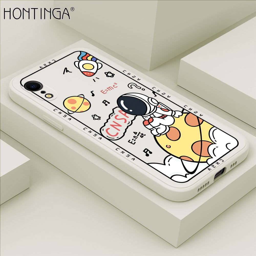 Hontinga for iPhone XR Case Cartoon Astronauts Phone Case Phone Case Soft Square Edge Silicone Cases Full Lens Cover Shockproof Protection Cover