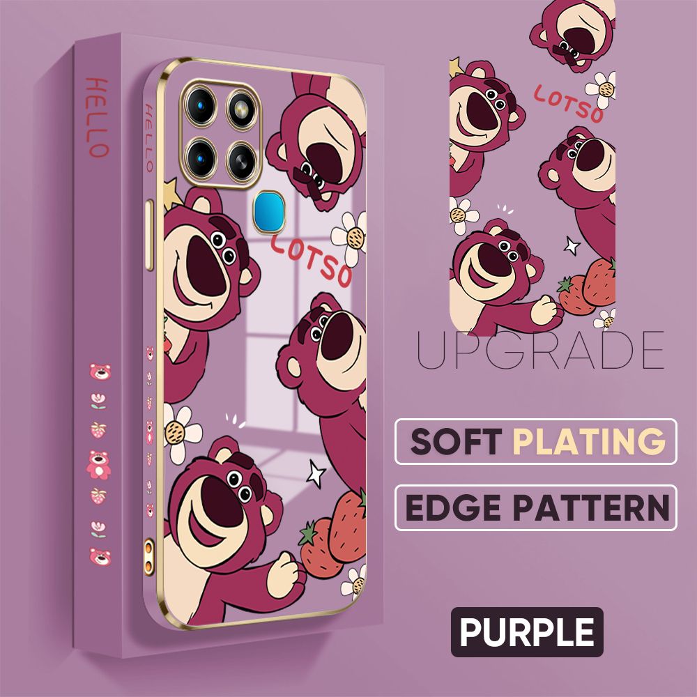 TA for Infinix Smart 6 X6511B Back Cover + Free Lanyard Cute Bear Luxury 6D Plating Case Side Pattern Soft Silicone Square Phone Cases