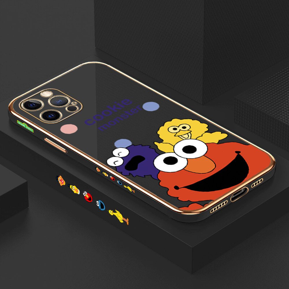 Luxury 6D Plating Case for iPhone 12 Pro Max Color Cute Cartoon Sesame Monsters Side Pattern Back Cover Soft Silicone Square Frame Shiny Bling Phone Cases + Free Lanyard