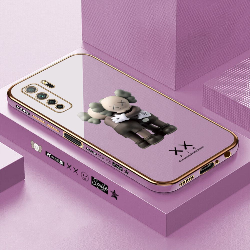 Luxury 6D Plating Case for Huawei Nova 7 SE Embrace Cartoon Bear Side Pattern Back Cover Soft Silicone Square Frame Shiny Bling Phone Cases + Free Lanyard