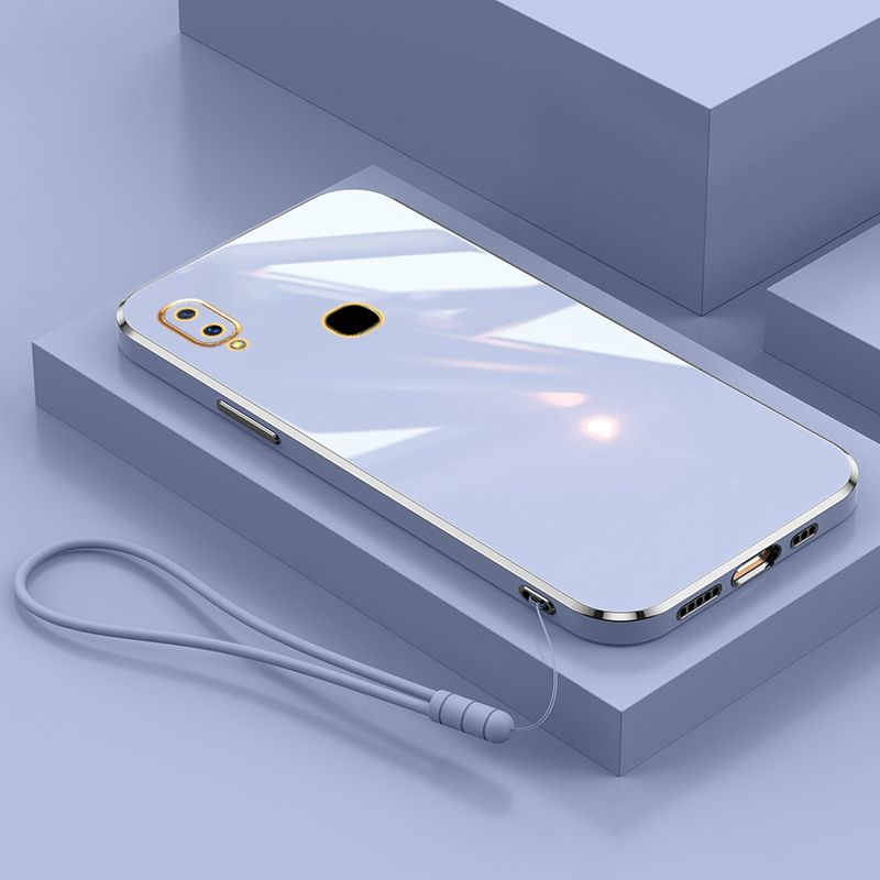 For Vivo Y91 Cover with Wrist Strap Fashion Shiny Plating Square Bumper Girls Phone Case Soft TPU Silicone Shockproof Protective Back Cover