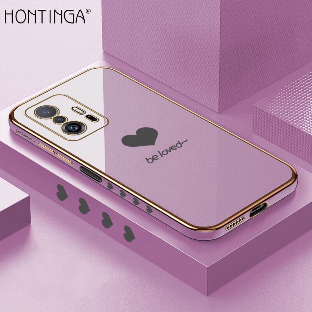 Hontinga for Xiaomi 11T / 11T Pro Back Cover + Free Lanyard Luxury 6D Plating Lover Heart Side Pattern Case Soft Silicone Square Phone Cases