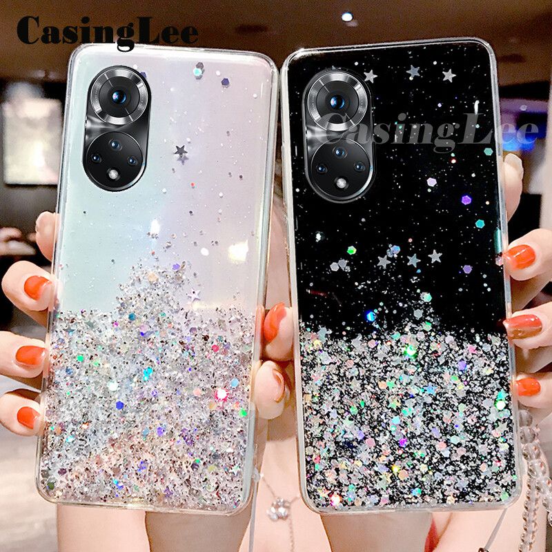 Casinglee For Huawei P50 case Full Stars Moon Glitter Bling Sequins Cases Soft Back cover for Huawei P50 Phone cases Starry Sky Transparent For girls and Boys