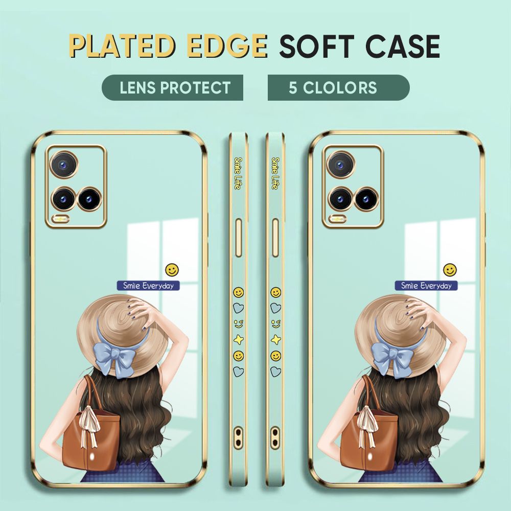 Luxury 6D Plating Case for Vivo Y21 2021 Y33S Y21S Y21T Y21A Y33T Back Cover Cartoon Hat Girl Side Pattern Soft Silicone Square Phone Cases