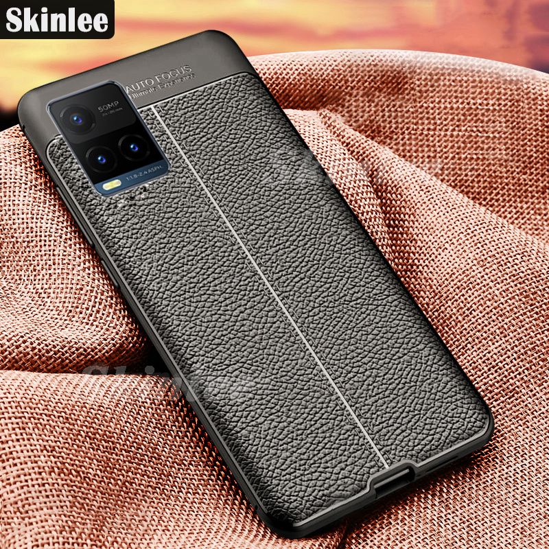 Skinlee Soft Phone Case for Vivo Y33 Cover Silicone Litchi Pattern PU Leather Shockproof Back Cover for Vivo Y33 Cover