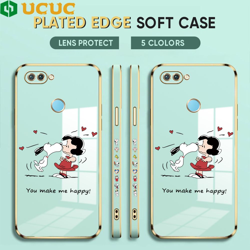 UCUC for OPPO F9 / Realme U1 / Realme 2 Pro Back Cover + Free Lanyard Happy Puppy Luxury 6D Plating Case Side Pattern Soft Silicone Square Phone Cases