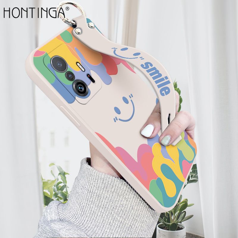 Hontinga for Xiaomi 11T / 11T Pro Wrist Strap Case Soft Candy Color Splash Ink Cover Trend Square Printed Pattern Liquid Silicone Phone Case
