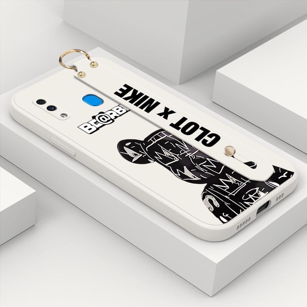 ZeroQiQi for Samsung Galaxy A20 Wrist Strap Case Fashion Black Brand Bear Phone Case Square Edge Liquid Silicone Cases Full Cover Camera Shockproof Protection Cases