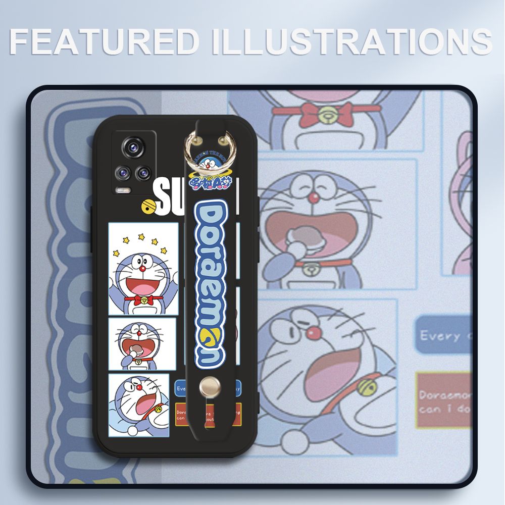 UCUC for Vivo V20 Pro Wrist Strap Case Creative Cartoon Doraemon's Daily Life Cover Ultra Thin Anti Fall Liquid Silicone Phone Case