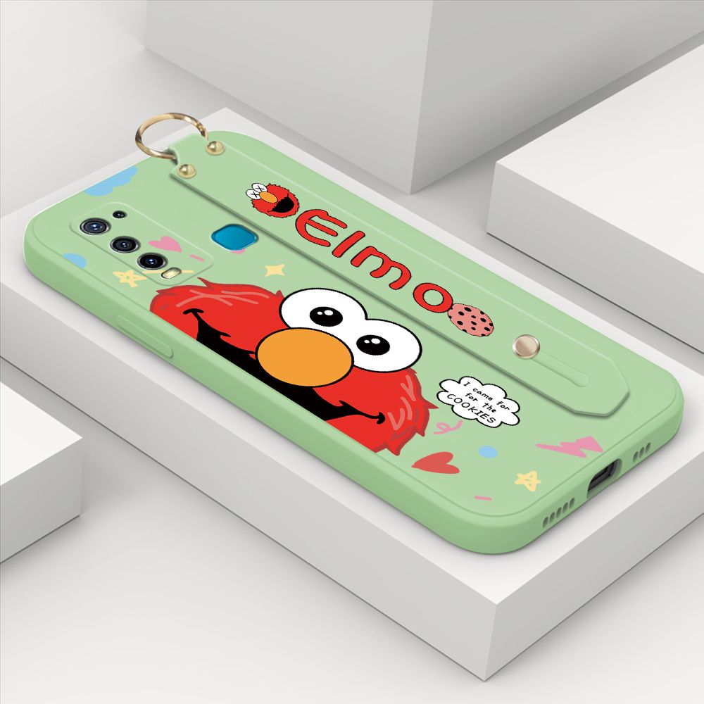 ZeroQiQi for Vivo Y50 Wrist Strap Case Cute Cute Cartoon Little Monster Phone Cover Square Edge Liquid Silicone Case Full Cover Camera Shockproof Protective Cases