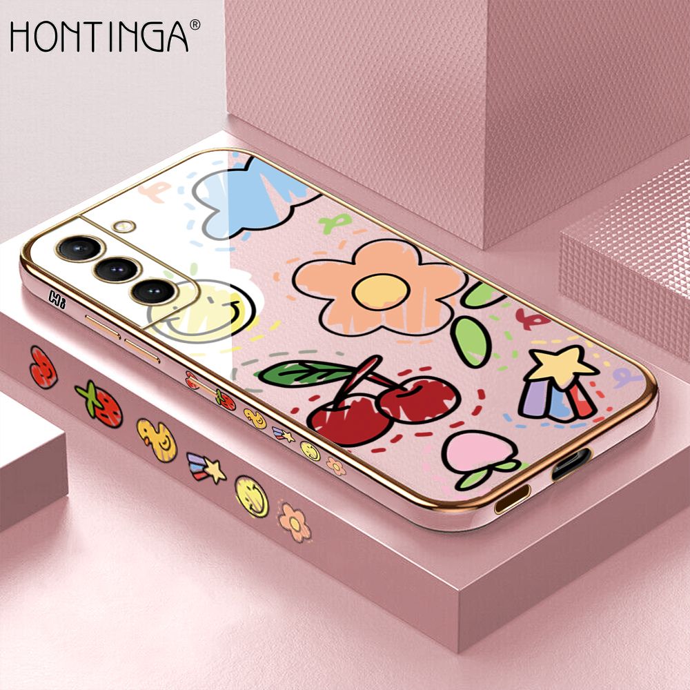 Hontinga for Samsung S21 5G Back Cover + Free Lanyard Luxury 6D Plating Cartoon Cherry Peach Side Pattern Case Soft Silicone Square Mobile Cover