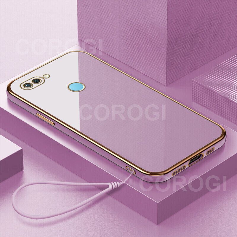 For OPPO A7 Cover with Wrist Strap Fashion Shiny Plating Square Bumper Girls Phone Case Soft TPU Silicone Shockproof Protective Back Cover
