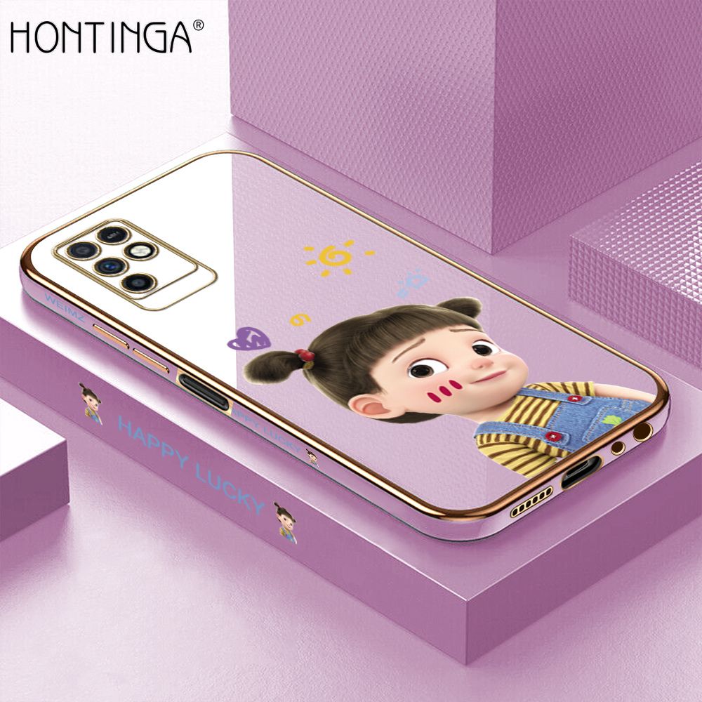 Hontinga for Infinix Note 10 Back Cover + Free Lanyard Luxury 6D Plating Cute Cartoon Happy Girl Side Pattern Case Soft Silicone Square Phone Cases