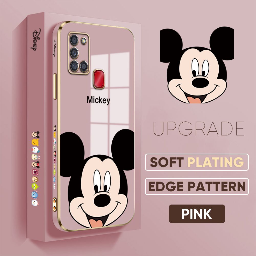 Jizetin (Free Lanyard) Samsung A21S Cover Lovely Mouse Luxury 6D Plating Soft Casing Silicone Square Frame Phone Case Shiny Bling Back Cover