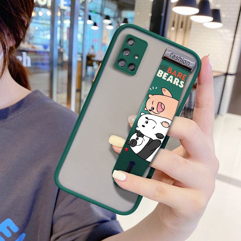 UCUC for Samsung Galaxy A71 Wrist Strap Case Cute Cartoon Three Little Bears Wristband Printing Cover Shockproof Frosted Phone Case