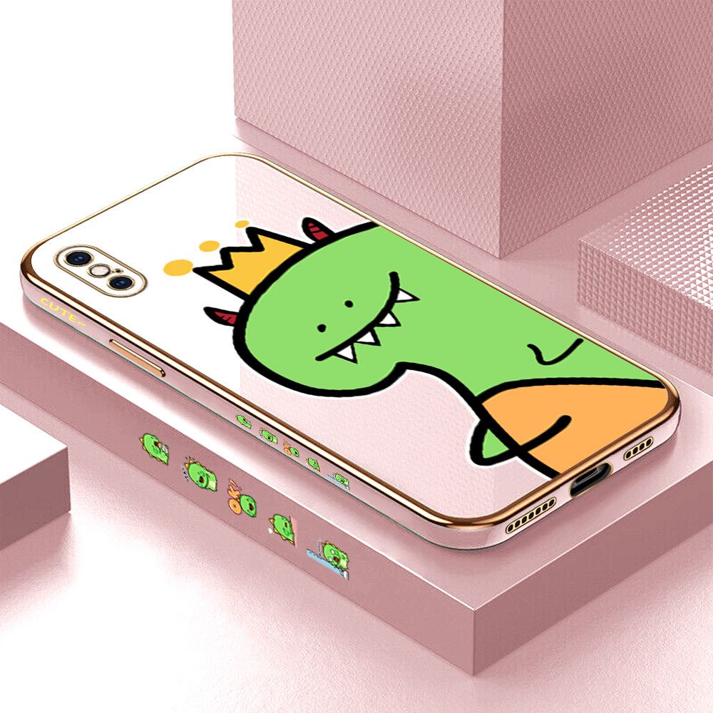 Luxury 6D Plating Case for iPhone XS MAX Cute Little Dinosaur Side Pattern Back Cover Soft Silicone Square Frame Shiny Bling Phone Cases + Free Lanyard