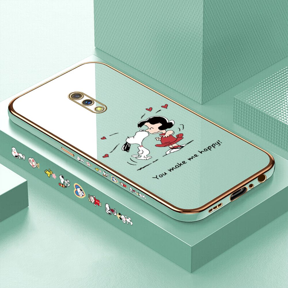 Luxury 6D Plating Case for Realme X Cartoon Happy Puppy Side Pattern Back Cover Soft Silicone Square Phone Cases + Free Lanyard