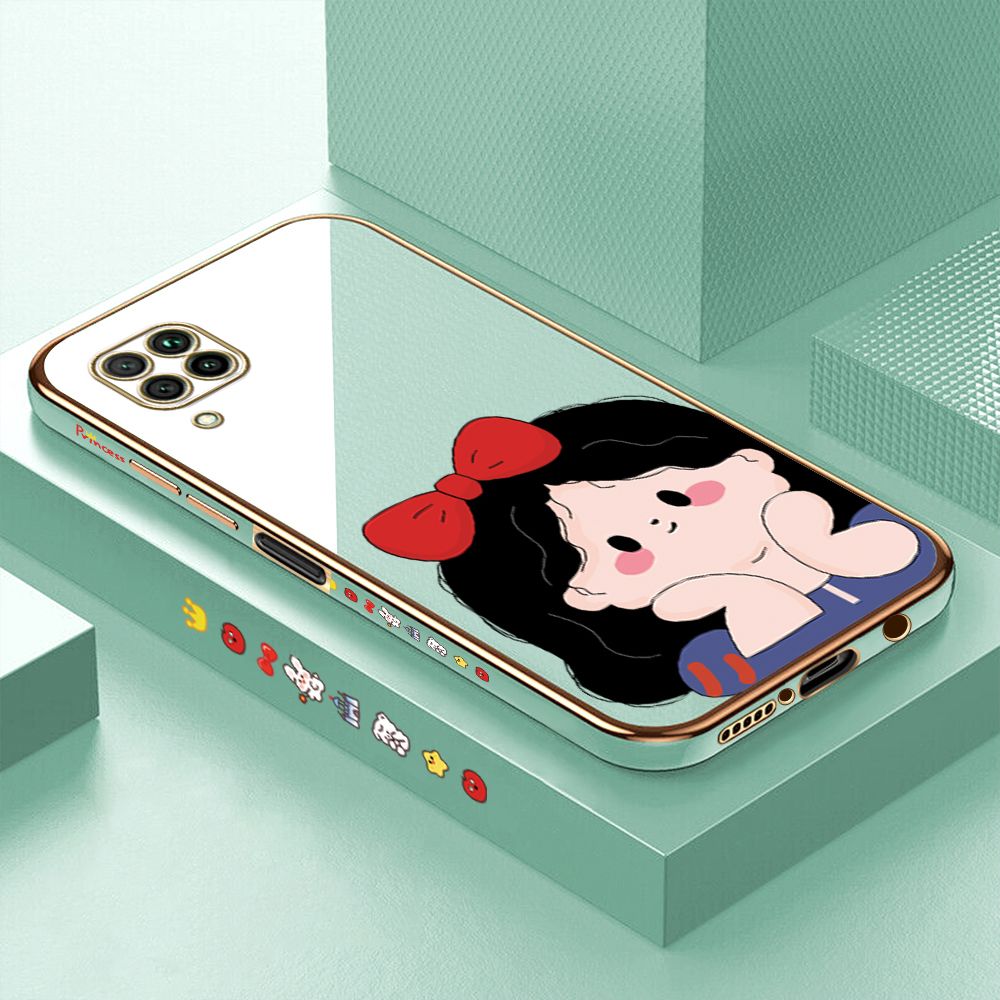 Luxury 6D Plating Case for Huawei Nova 7I Cartoon Bow Girl Side Pattern Back Cover Soft Silicone Square Phone Cases + Free Lanyard