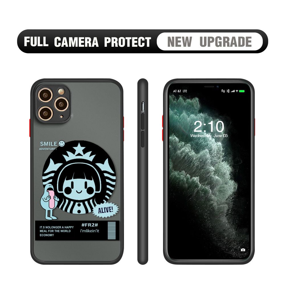 Hontinga for iPhone 11 Pro Case Cute Coffee Girl Camera Shockproof Protection Casing Edge Frosted Transparent Phone Cover