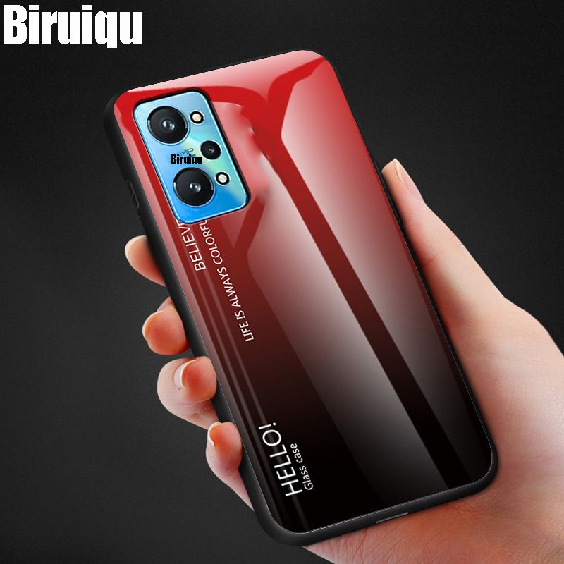 Biruiqu For Realme GT Neo 2 Shockproof Gradient Tempered Glass Back Soft Silicone Edge Case Cover
