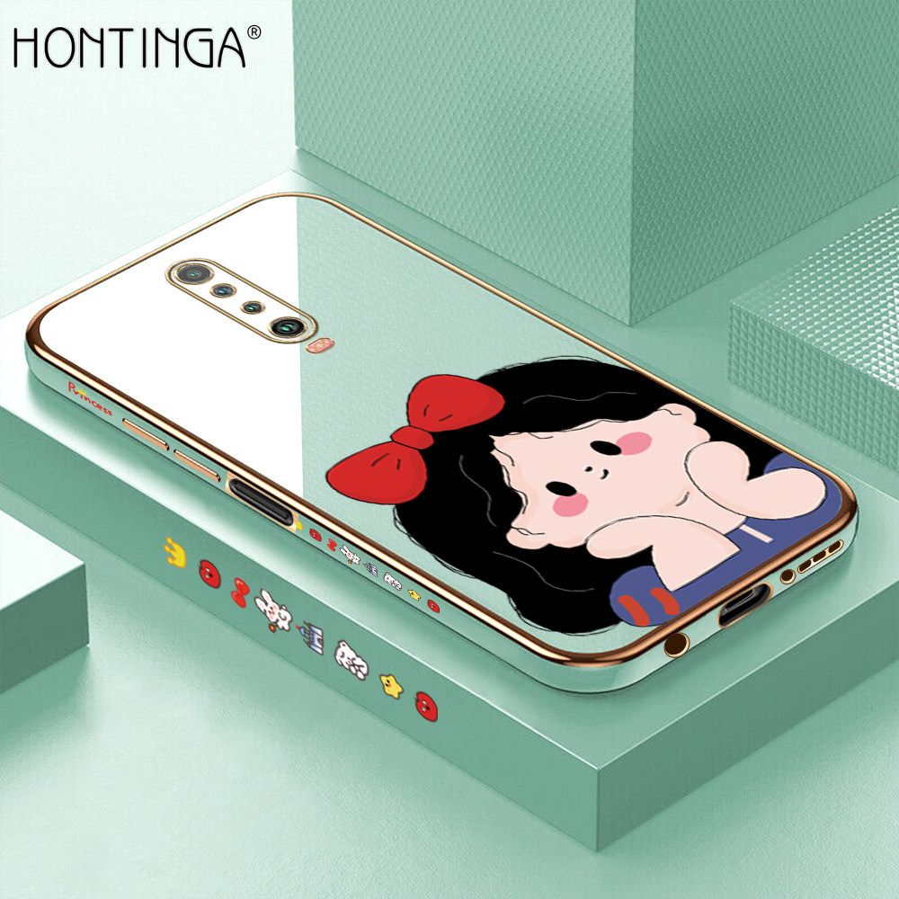 Hontinga for Redmi K30 Back Cover + Free Lanyard Luxury 6D Plating Cute Bow Girl Side Pattern Case Soft Silicone Square Mobile Cover