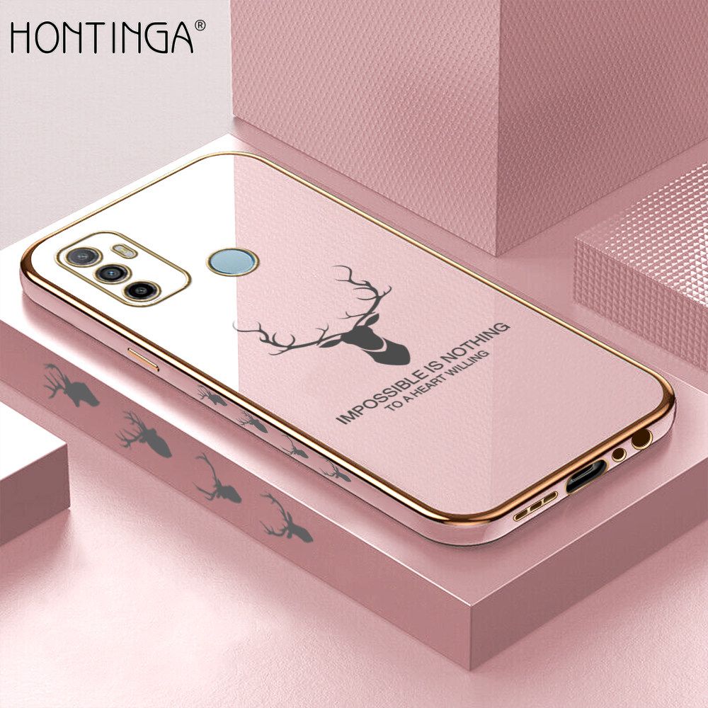 Hontinga for OPPO A53 2020 Back Cover + Free Lanyard Luxury 6D Plating Cartoon Lucky Side Pattern Case Soft Silicone Square Phone Cases