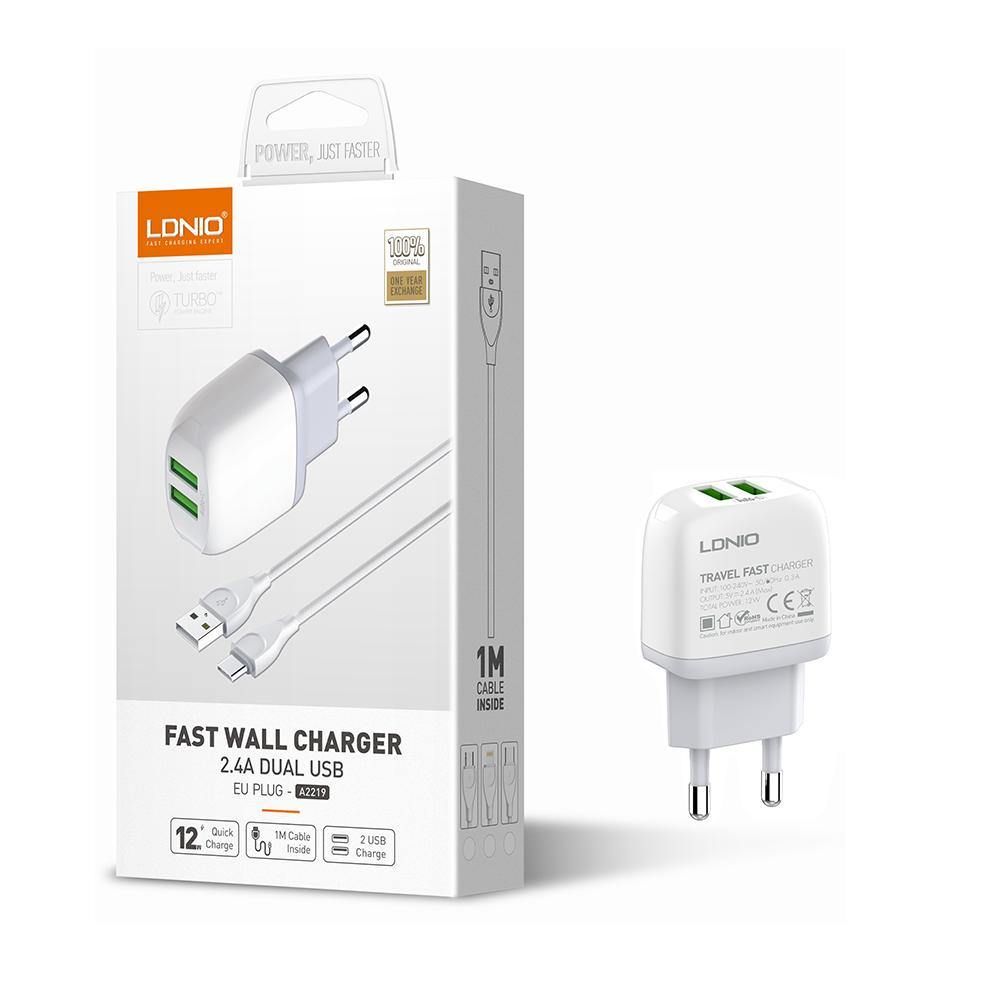 LDNIO A2219 Fast Charger 2.4A Dual USB Port Adapter With Data Cable