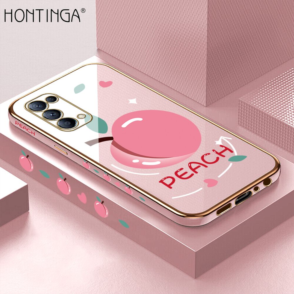 Hontinga for OPPO Reno5 Case Luxury 6D Plating Soft Casing Silicone Square Frame Phone Cover Shiny Bling Side Print Cartoon Simple Peach Cases