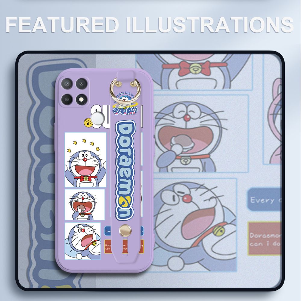 UCUC for OPPO A15S Wrist Strap Case Creative Cartoon Doraemon's Daily Life Cover Ultra Thin Anti Fall Liquid Silicone Phone Case