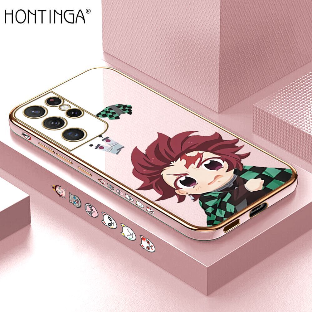 Hontinga for Samsung S21 Ultra 5G Back Cover + Free Lanyard Luxury 6D Plating Cartoon Anime Tanjirou Side Pattern Case Soft Silicone Square Mobile Cover