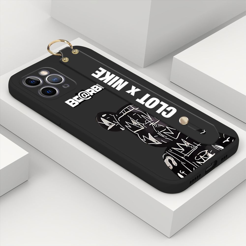 ZeroQiQi for iPhone 11 Pro Wrist Strap Case Fashion Black Brand Bear Phone Case Square Edge Liquid Silicone Cases Full Cover Camera Shockproof Protection Cases