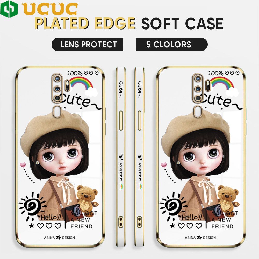 UCUC for OPPO A5 2020 / A9 2020 Back Cover + Free Lanyard Sunshine Girl Luxury 6D Plating Case Side Pattern Soft Silicone Square Phone Cases